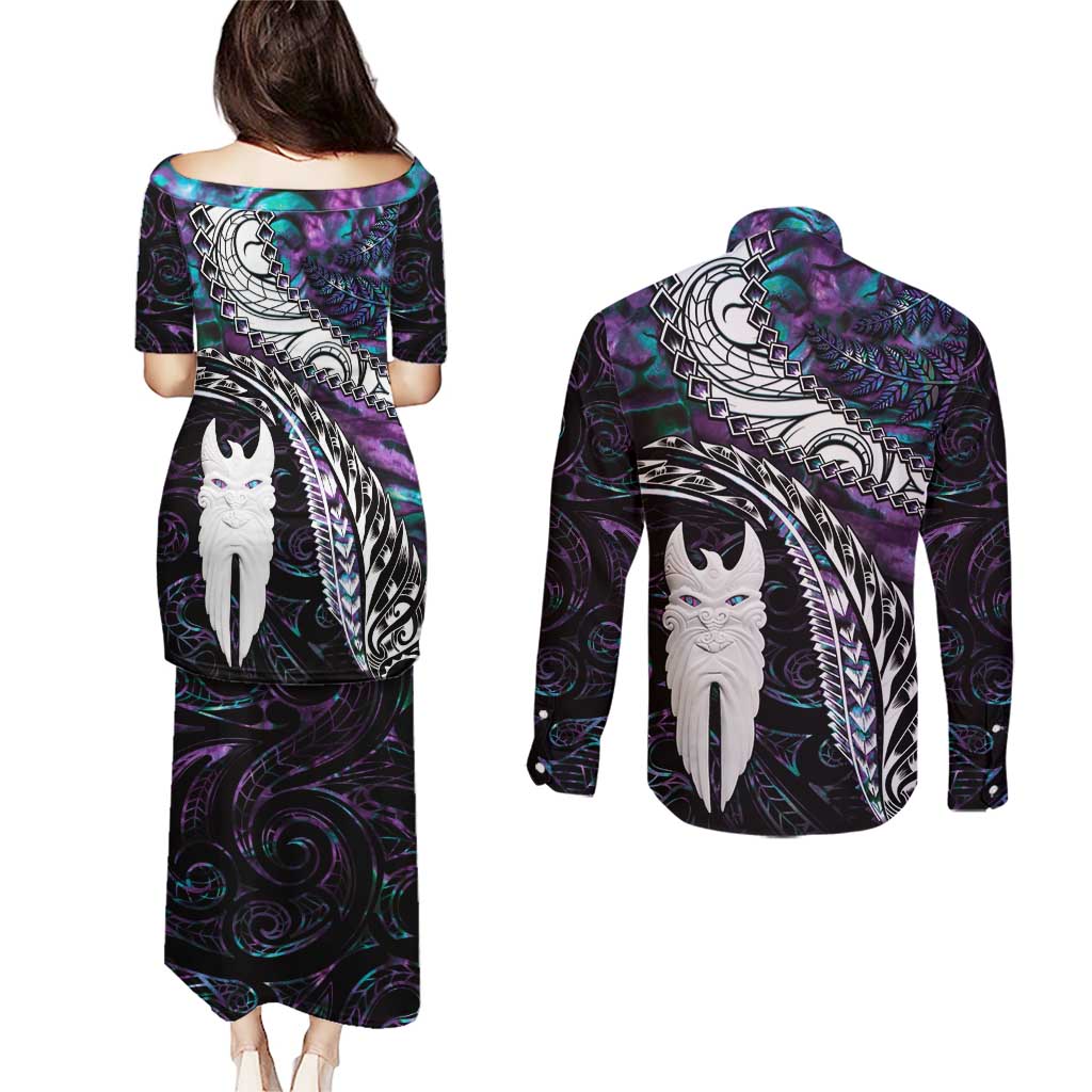 New Zealand Aotearoa Couples Matching Puletasi and Long Sleeve Button Shirt Maori Hei Rehua Paua Shell Glitter Purple