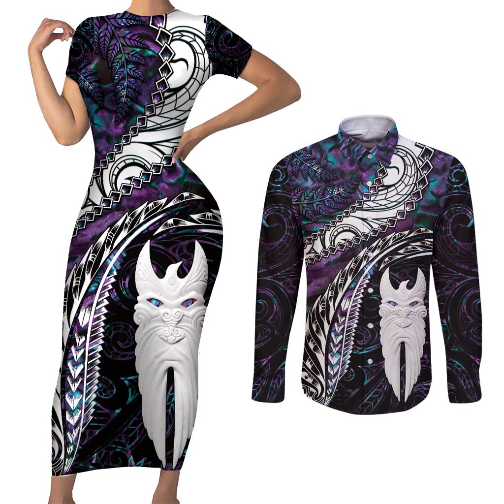 New Zealand Aotearoa Couples Matching Short Sleeve Bodycon Dress and Long Sleeve Button Shirt Maori Hei Rehua Paua Shell Glitter Purple LT05 Purple - Polynesian Pride