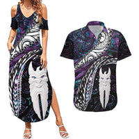 New Zealand Aotearoa Couples Matching Summer Maxi Dress and Hawaiian Shirt Maori Hei Rehua Paua Shell Glitter Purple LT05 Purple - Polynesian Pride