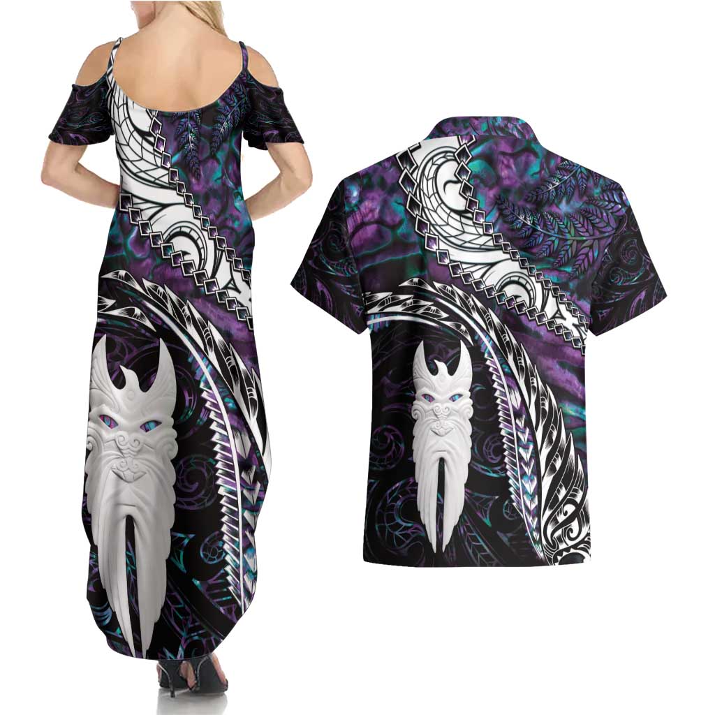 New Zealand Aotearoa Couples Matching Summer Maxi Dress and Hawaiian Shirt Maori Hei Rehua Paua Shell Glitter Purple LT05 - Polynesian Pride