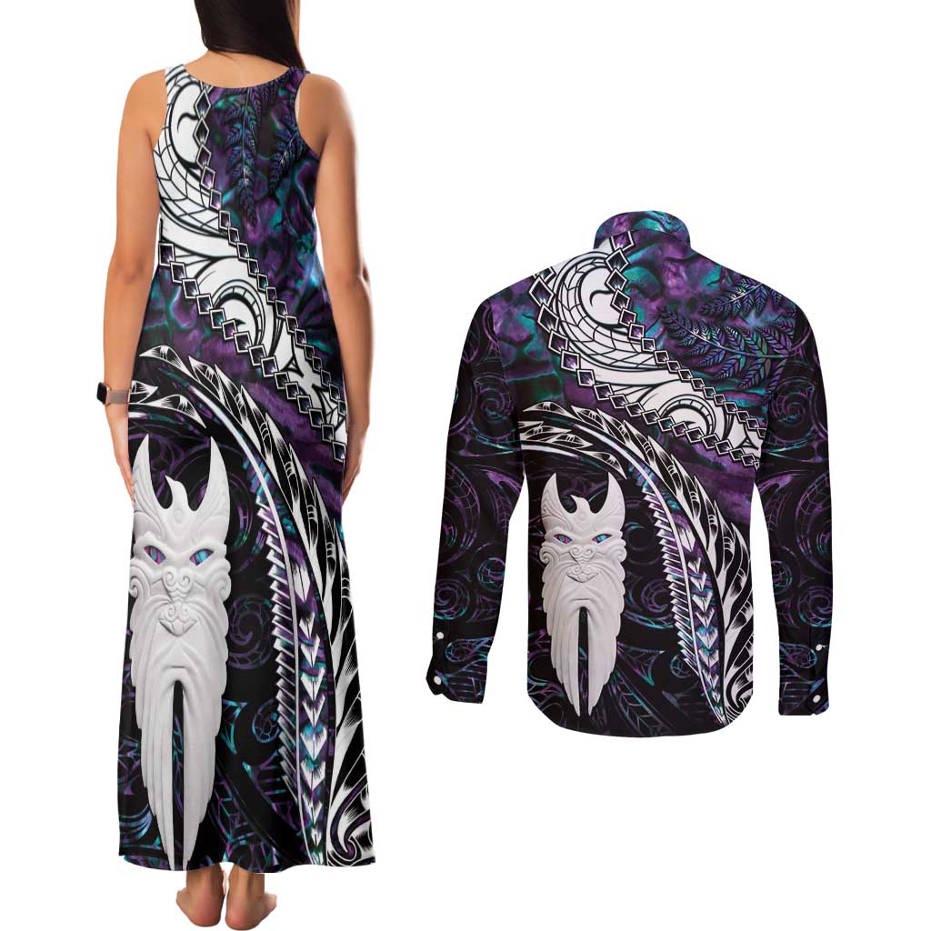New Zealand Aotearoa Couples Matching Tank Maxi Dress and Long Sleeve Button Shirt Maori Hei Rehua Paua Shell Glitter Purple LT05 - Polynesian Pride