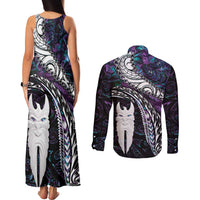 New Zealand Aotearoa Couples Matching Tank Maxi Dress and Long Sleeve Button Shirt Maori Hei Rehua Paua Shell Glitter Purple LT05 - Polynesian Pride