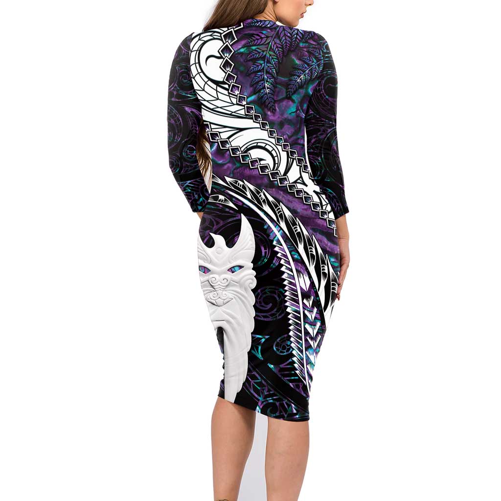 New Zealand Aotearoa Family Matching Long Sleeve Bodycon Dress and Hawaiian Shirt Maori Hei Rehua Paua Shell Glitter Purple