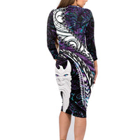 New Zealand Aotearoa Family Matching Long Sleeve Bodycon Dress and Hawaiian Shirt Maori Hei Rehua Paua Shell Glitter Purple