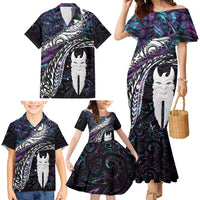 New Zealand Aotearoa Family Matching Mermaid Dress and Hawaiian Shirt Maori Hei Rehua Paua Shell Glitter Purple LT05 - Polynesian Pride