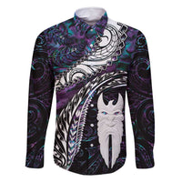 New Zealand Aotearoa Family Matching Off Shoulder Maxi Dress and Hawaiian Shirt Maori Hei Rehua Paua Shell Glitter Purple LT05 Dad's Shirt - Long Sleeve Purple - Polynesian Pride