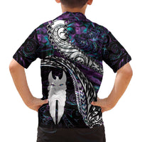 New Zealand Aotearoa Family Matching Off Shoulder Short Dress and Hawaiian Shirt Maori Hei Rehua Paua Shell Glitter Purple LT05 - Polynesian Pride