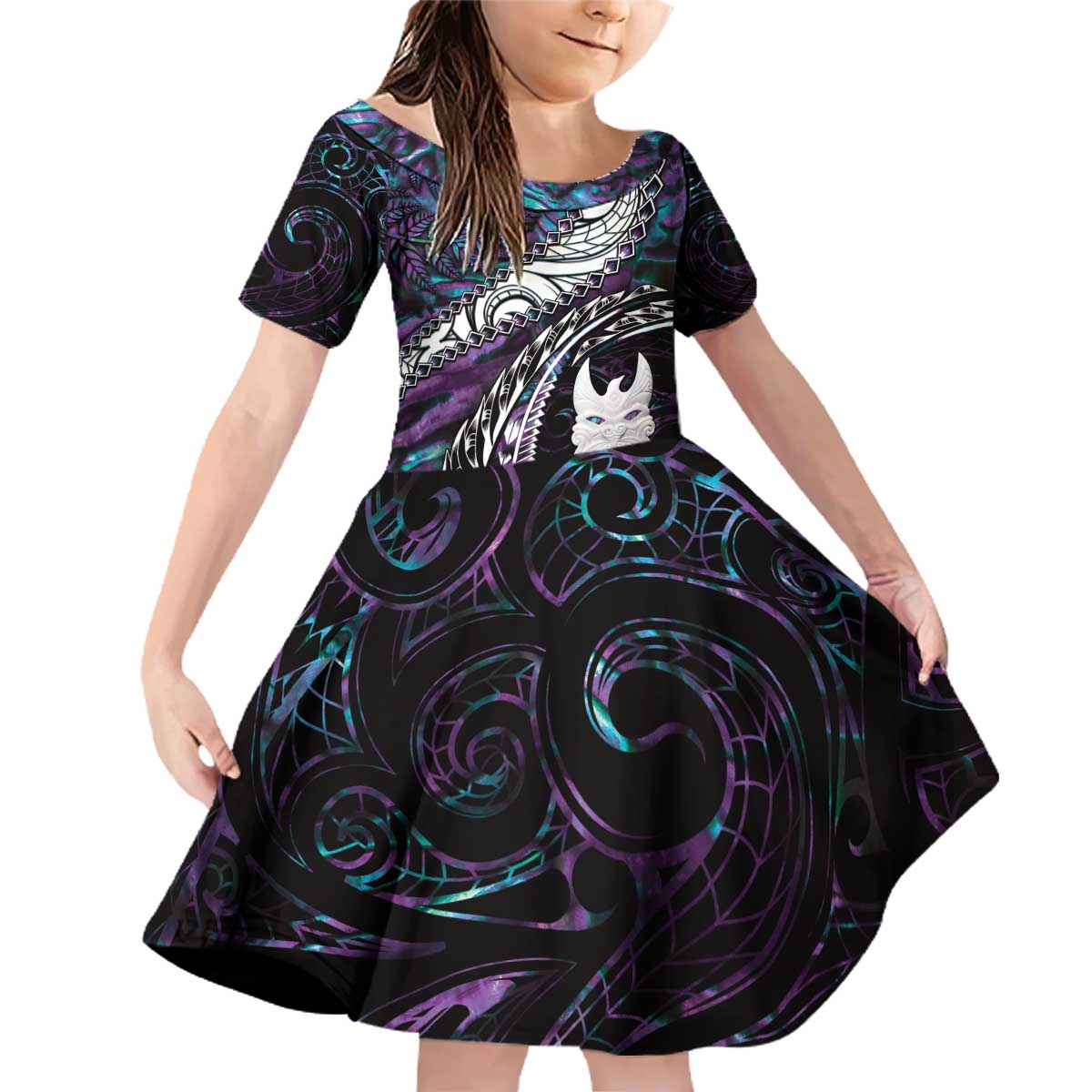 New Zealand Aotearoa Family Matching Off Shoulder Short Dress and Hawaiian Shirt Maori Hei Rehua Paua Shell Glitter Purple LT05 Daughter's Dress Purple - Polynesian Pride