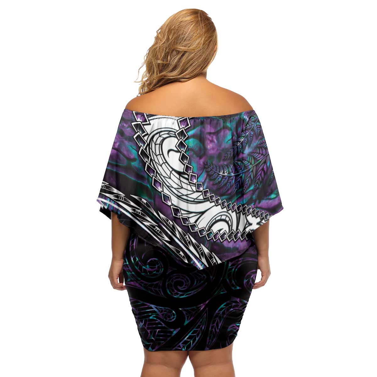 New Zealand Aotearoa Family Matching Off Shoulder Short Dress and Hawaiian Shirt Maori Hei Rehua Paua Shell Glitter Purple LT05 - Polynesian Pride