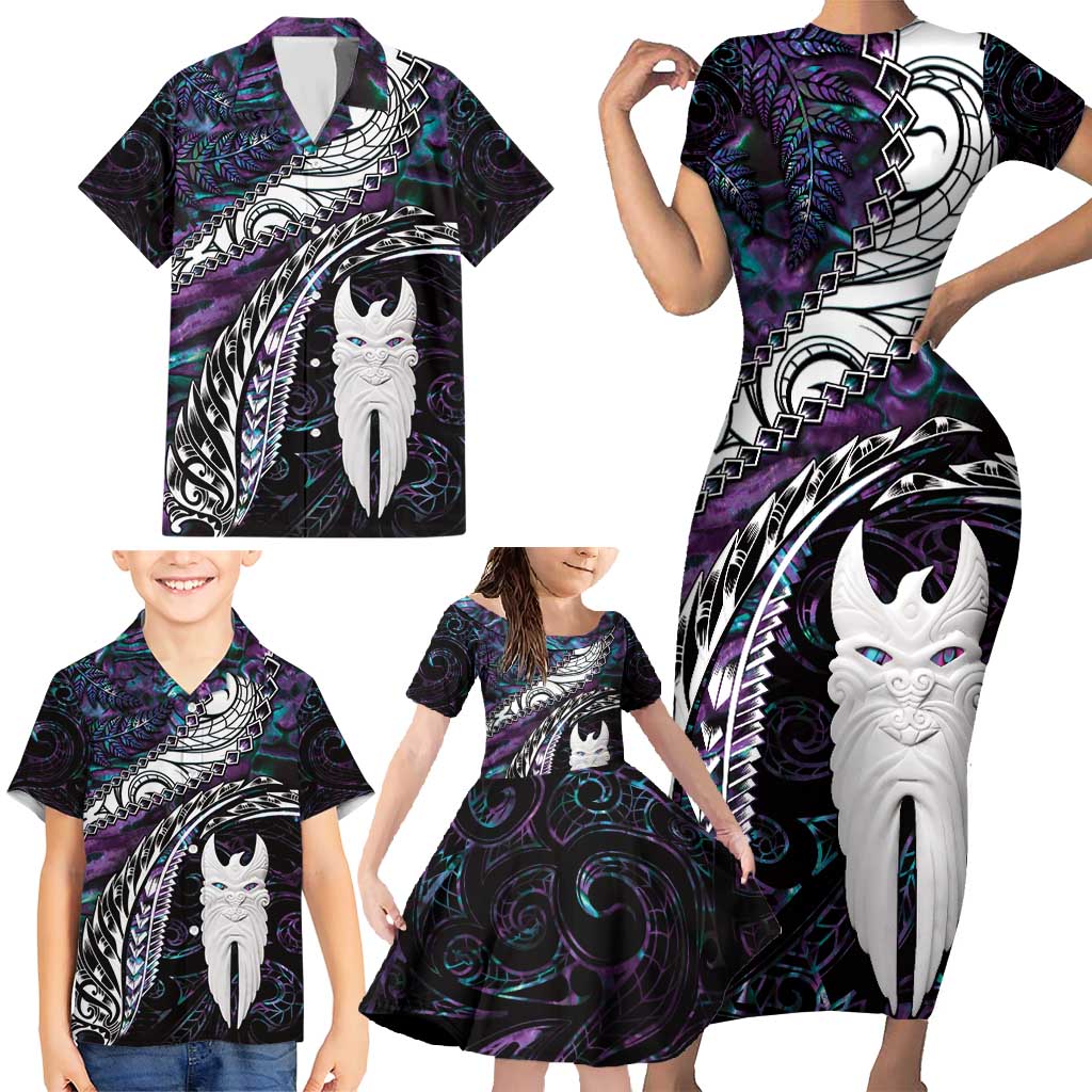 New Zealand Aotearoa Family Matching Short Sleeve Bodycon Dress and Hawaiian Shirt Maori Hei Rehua Paua Shell Glitter Purple LT05 - Polynesian Pride