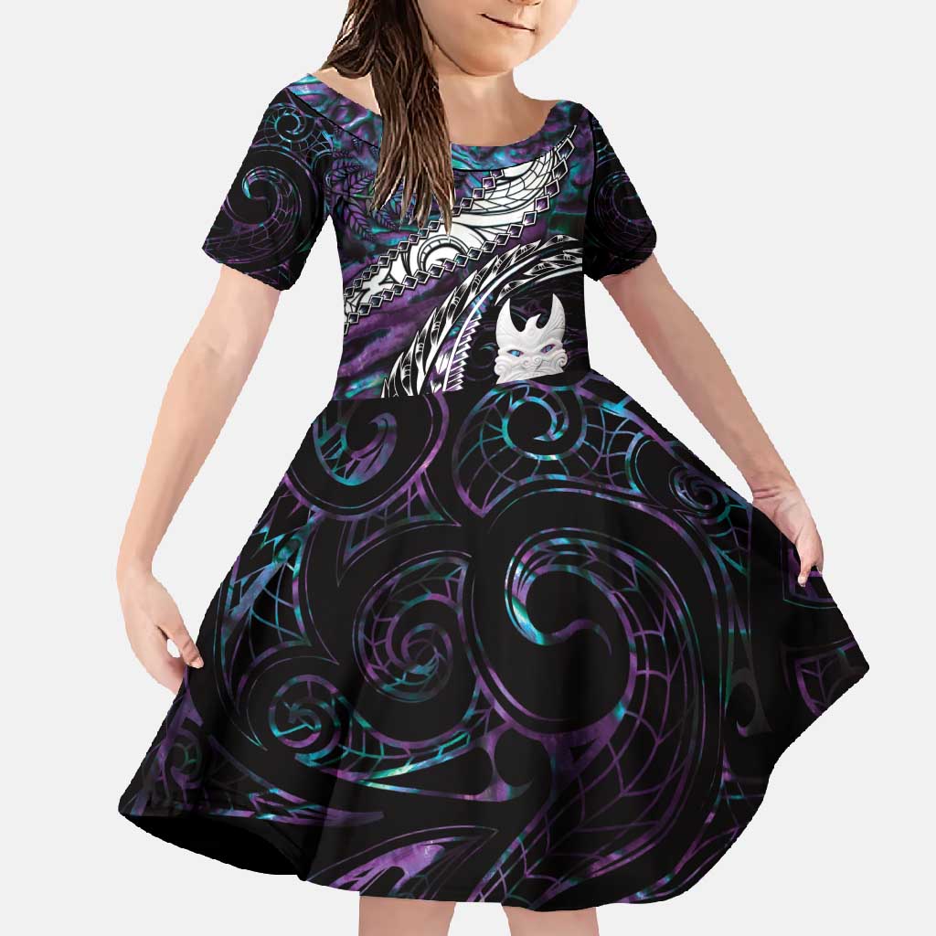 New Zealand Aotearoa Family Matching Summer Maxi Dress and Hawaiian Shirt Maori Hei Rehua Paua Shell Glitter Purple LT05 Daughter's Dress Purple - Polynesian Pride