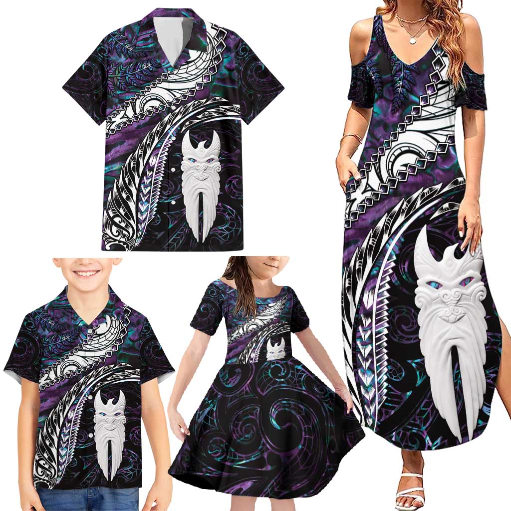 New Zealand Aotearoa Family Matching Summer Maxi Dress and Hawaiian Shirt Maori Hei Rehua Paua Shell Glitter Purple LT05 - Polynesian Pride