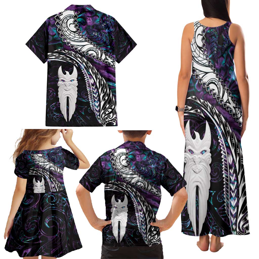New Zealand Aotearoa Family Matching Tank Maxi Dress and Hawaiian Shirt Maori Hei Rehua Paua Shell Glitter Purple LT05 - Polynesian Pride