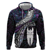 New Zealand Aotearoa Zip Hoodie Maori Hei Rehua Paua Shell Glitter Purple