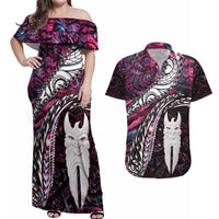New Zealand Aotearoa Couples Matching Off Shoulder Maxi Dress and Hawaiian Shirt Maori Hei Rehua Paua Shell Glitter Pink LT05 Pink - Polynesian Pride