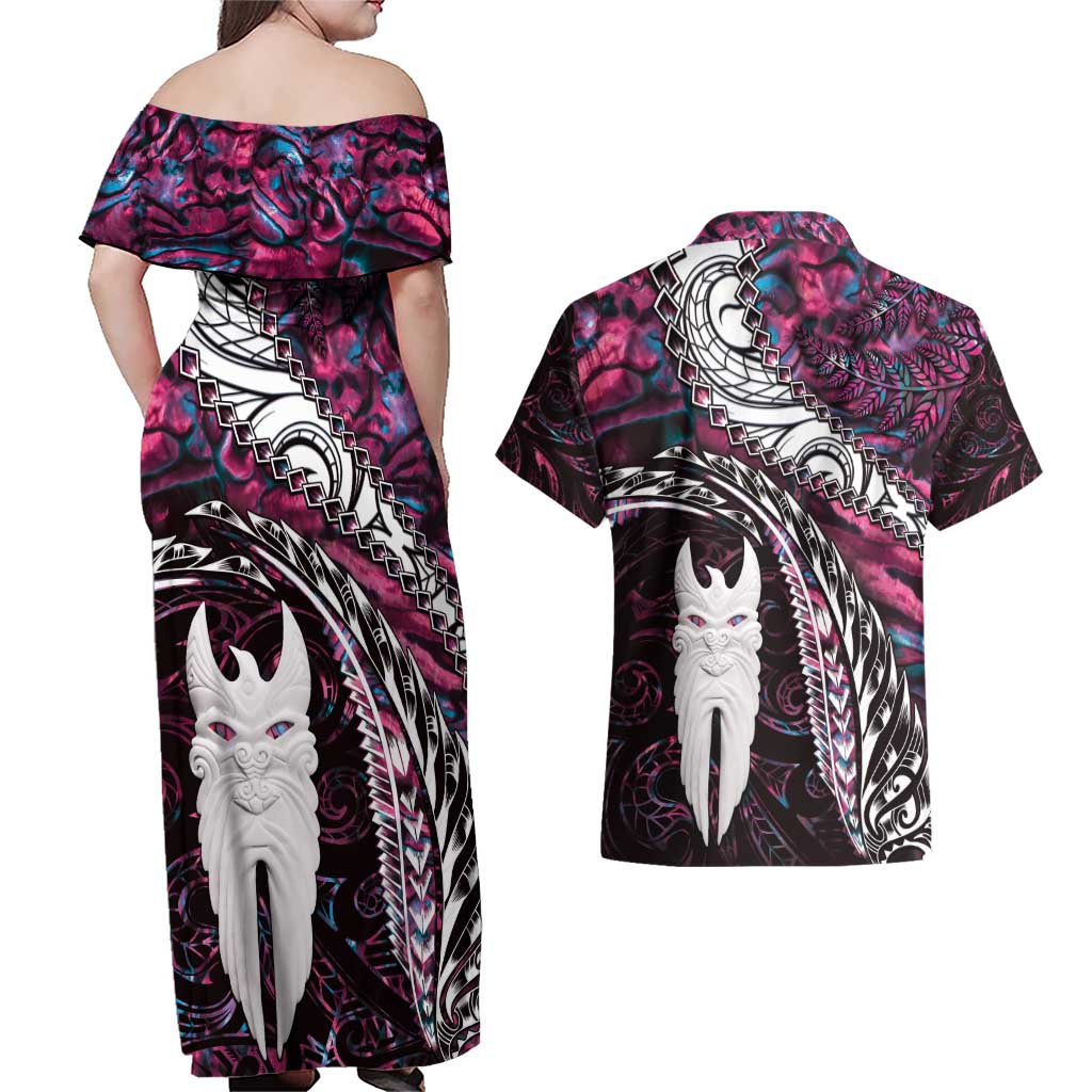 New Zealand Aotearoa Couples Matching Off Shoulder Maxi Dress and Hawaiian Shirt Maori Hei Rehua Paua Shell Glitter Pink LT05 - Polynesian Pride