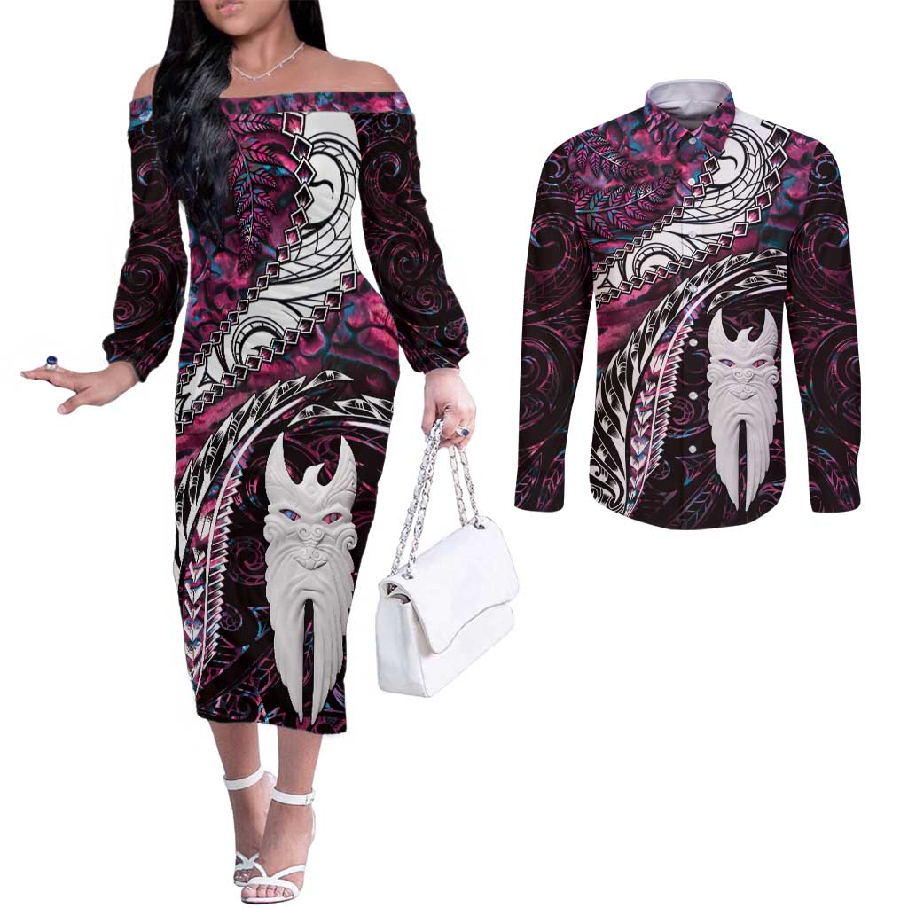 New Zealand Aotearoa Couples Matching Off The Shoulder Long Sleeve Dress and Long Sleeve Button Shirt Maori Hei Rehua Paua Shell Glitter Pink LT05 Pink - Polynesian Pride
