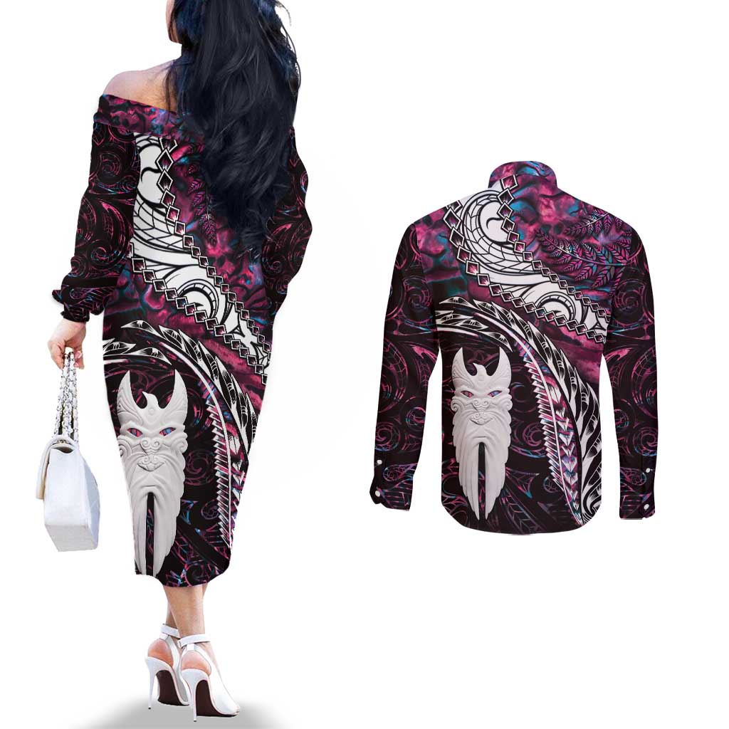 New Zealand Aotearoa Couples Matching Off The Shoulder Long Sleeve Dress and Long Sleeve Button Shirt Maori Hei Rehua Paua Shell Glitter Pink LT05 - Polynesian Pride