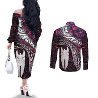 New Zealand Aotearoa Couples Matching Off The Shoulder Long Sleeve Dress and Long Sleeve Button Shirt Maori Hei Rehua Paua Shell Glitter Pink LT05 - Polynesian Pride