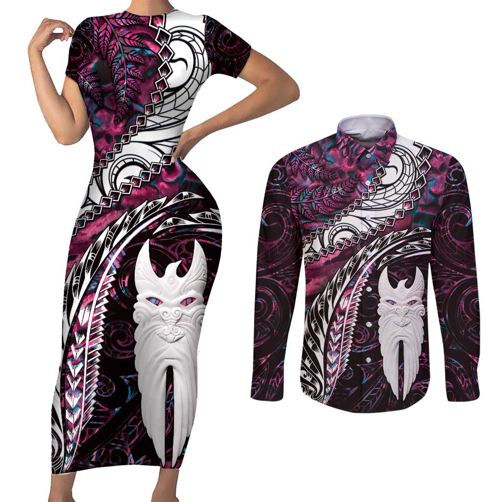 New Zealand Aotearoa Couples Matching Short Sleeve Bodycon Dress and Long Sleeve Button Shirt Maori Hei Rehua Paua Shell Glitter Pink LT05 Pink - Polynesian Pride