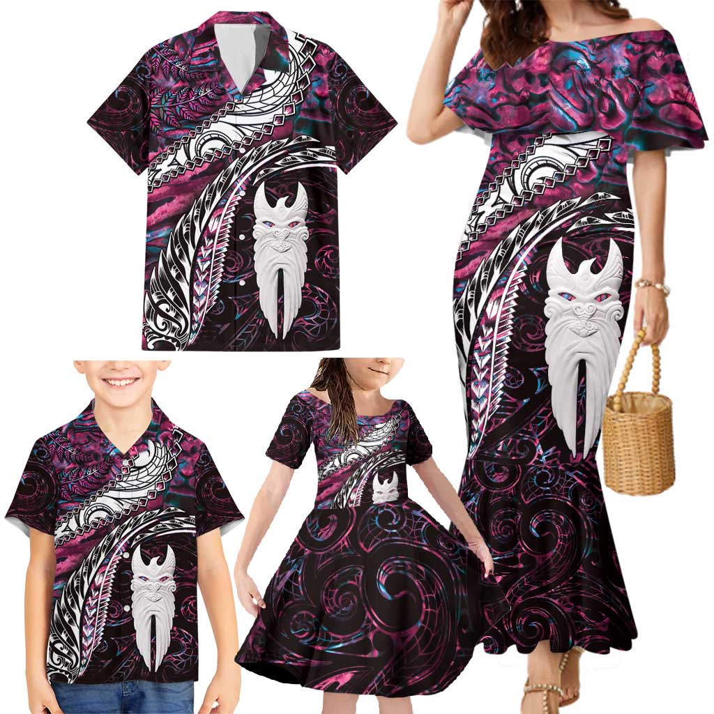 New Zealand Aotearoa Family Matching Mermaid Dress and Hawaiian Shirt Maori Hei Rehua Paua Shell Glitter Pink LT05 - Polynesian Pride