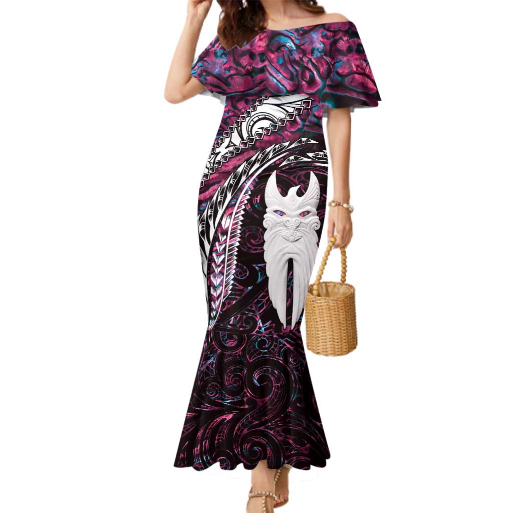 New Zealand Aotearoa Family Matching Mermaid Dress and Hawaiian Shirt Maori Hei Rehua Paua Shell Glitter Pink LT05 Mom's Dress Pink - Polynesian Pride