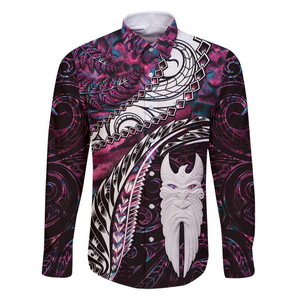 New Zealand Aotearoa Family Matching Off Shoulder Maxi Dress and Hawaiian Shirt Maori Hei Rehua Paua Shell Glitter Pink LT05 Dad's Shirt - Long Sleeve Pink - Polynesian Pride