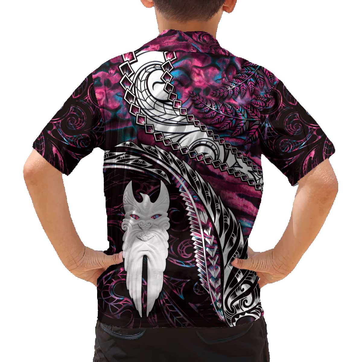 New Zealand Aotearoa Family Matching Off Shoulder Short Dress and Hawaiian Shirt Maori Hei Rehua Paua Shell Glitter Pink LT05 - Polynesian Pride