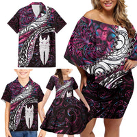 New Zealand Aotearoa Family Matching Off Shoulder Short Dress and Hawaiian Shirt Maori Hei Rehua Paua Shell Glitter Pink LT05 - Polynesian Pride