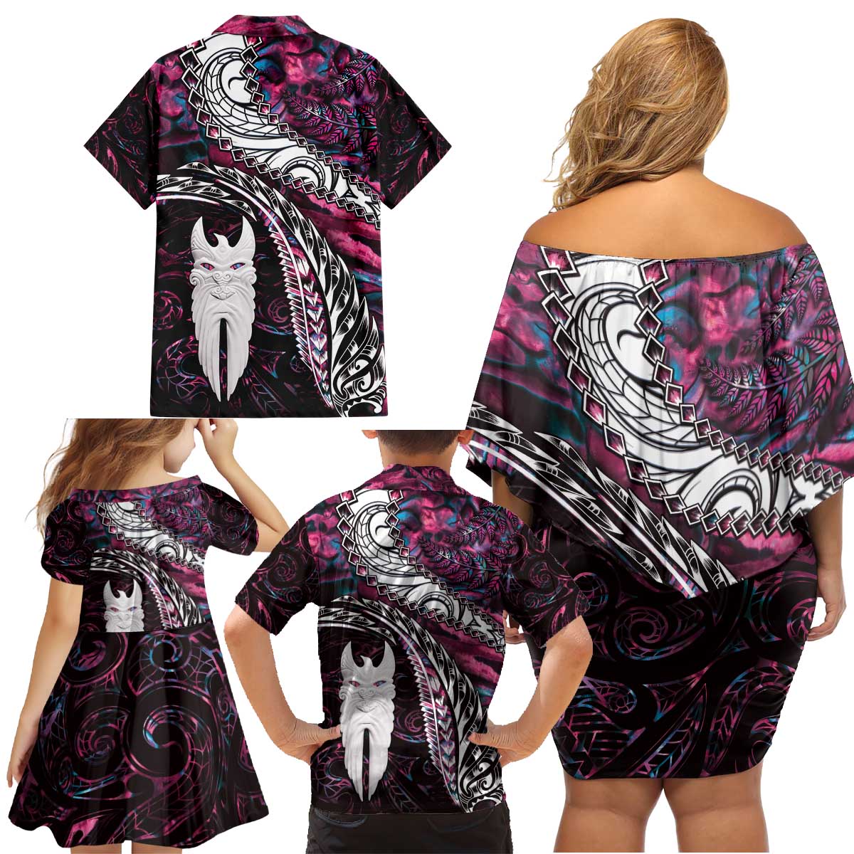 New Zealand Aotearoa Family Matching Off Shoulder Short Dress and Hawaiian Shirt Maori Hei Rehua Paua Shell Glitter Pink LT05 - Polynesian Pride