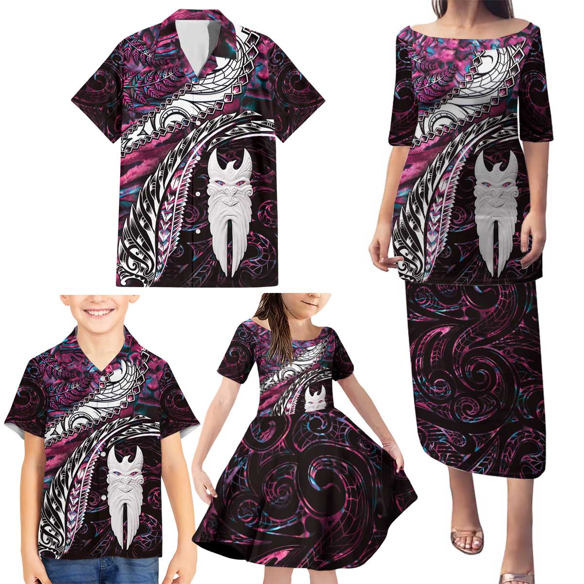 New Zealand Aotearoa Family Matching Puletasi and Hawaiian Shirt Maori Hei Rehua Paua Shell Glitter Pink LT05 - Polynesian Pride