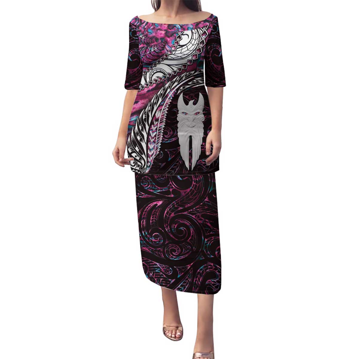New Zealand Aotearoa Family Matching Puletasi and Hawaiian Shirt Maori Hei Rehua Paua Shell Glitter Pink LT05 Mom's Dress Pink - Polynesian Pride