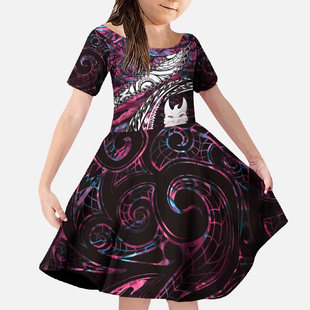New Zealand Aotearoa Family Matching Short Sleeve Bodycon Dress and Hawaiian Shirt Maori Hei Rehua Paua Shell Glitter Pink LT05 Daughter's Dress Pink - Polynesian Pride