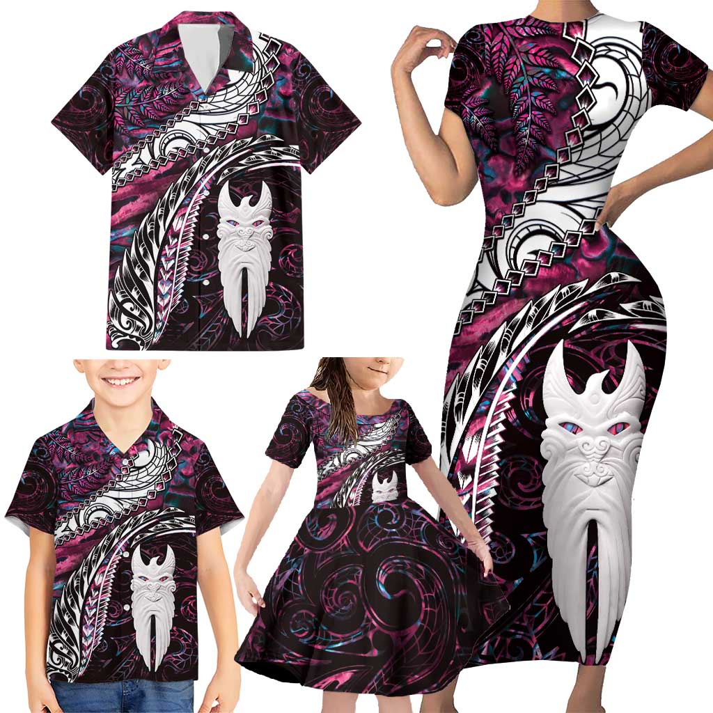 New Zealand Aotearoa Family Matching Short Sleeve Bodycon Dress and Hawaiian Shirt Maori Hei Rehua Paua Shell Glitter Pink LT05 - Polynesian Pride