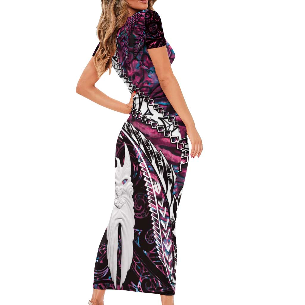 New Zealand Aotearoa Family Matching Short Sleeve Bodycon Dress and Hawaiian Shirt Maori Hei Rehua Paua Shell Glitter Pink LT05 - Polynesian Pride