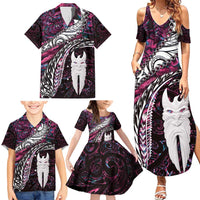 New Zealand Aotearoa Family Matching Summer Maxi Dress and Hawaiian Shirt Maori Hei Rehua Paua Shell Glitter Pink LT05 - Polynesian Pride