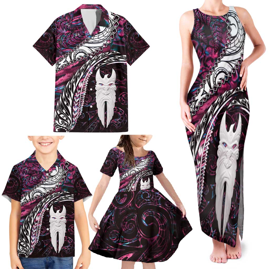 New Zealand Aotearoa Family Matching Tank Maxi Dress and Hawaiian Shirt Maori Hei Rehua Paua Shell Glitter Pink LT05 - Polynesian Pride