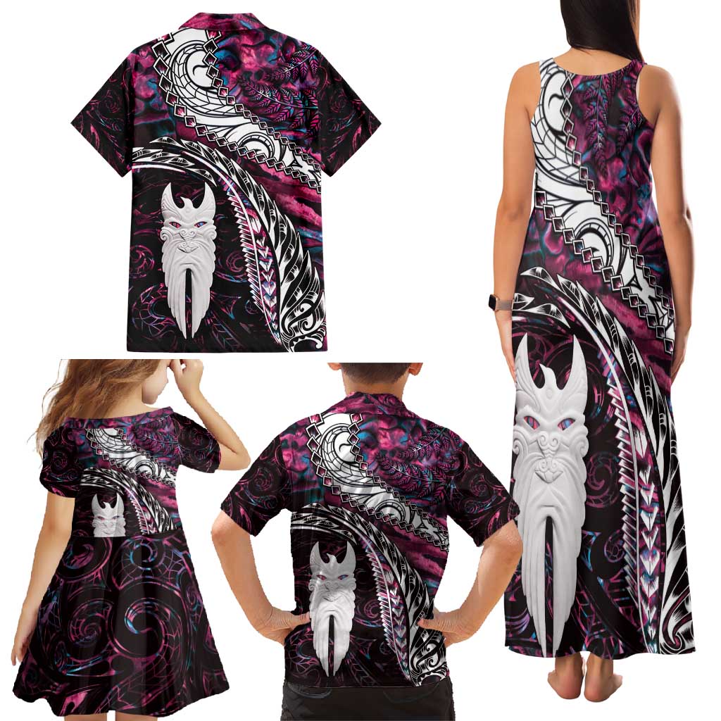 New Zealand Aotearoa Family Matching Tank Maxi Dress and Hawaiian Shirt Maori Hei Rehua Paua Shell Glitter Pink LT05 - Polynesian Pride