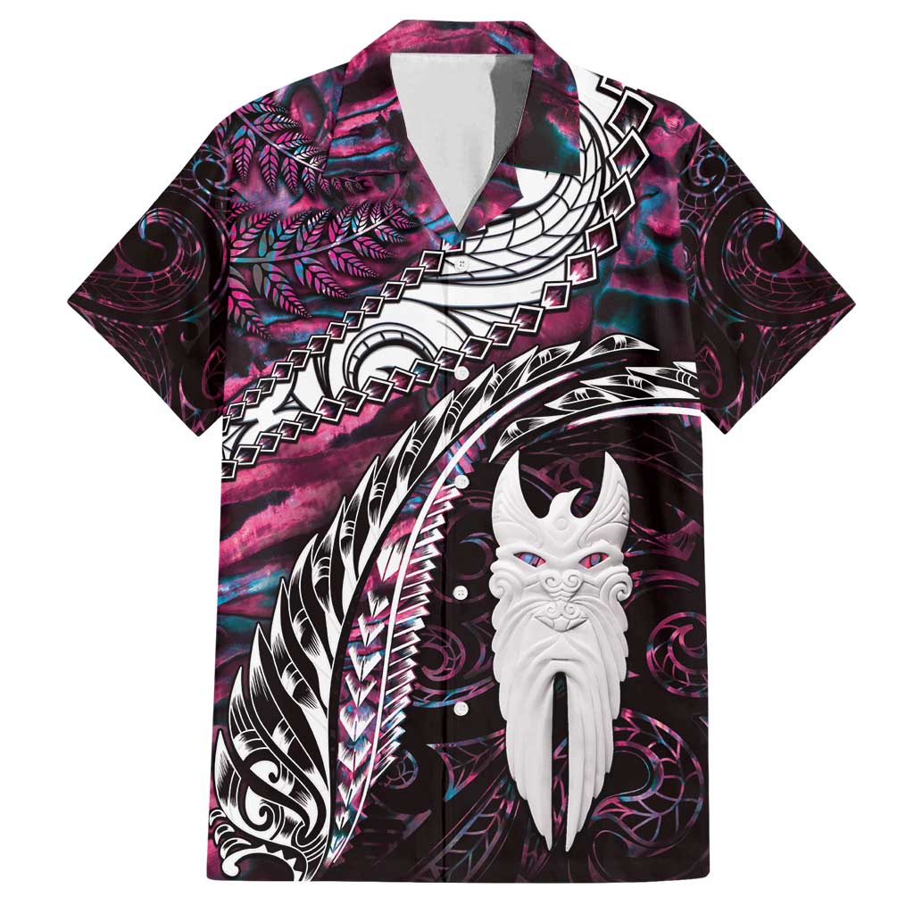 New Zealand Aotearoa Family Matching Tank Maxi Dress and Hawaiian Shirt Maori Hei Rehua Paua Shell Glitter Pink LT05 Dad's Shirt - Short Sleeve Pink - Polynesian Pride