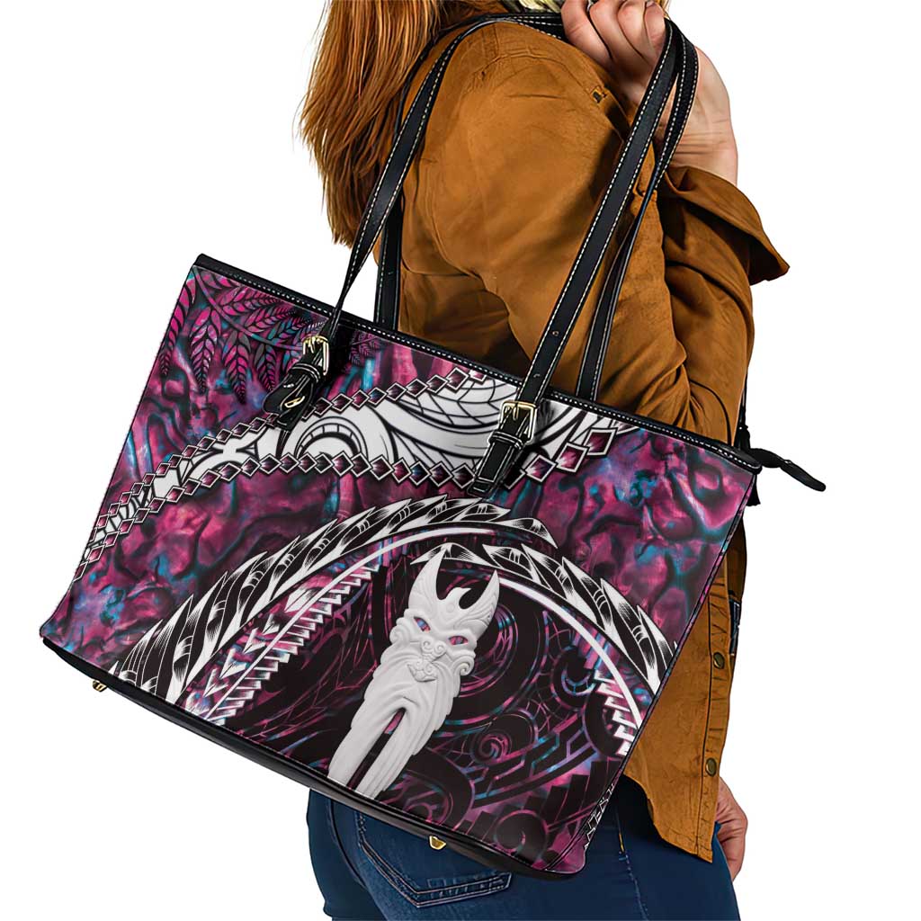 New Zealand Aotearoa Leather Tote Bag Maori Hei Rehua Paua Shell Glitter Pink LT05 - Polynesian Pride