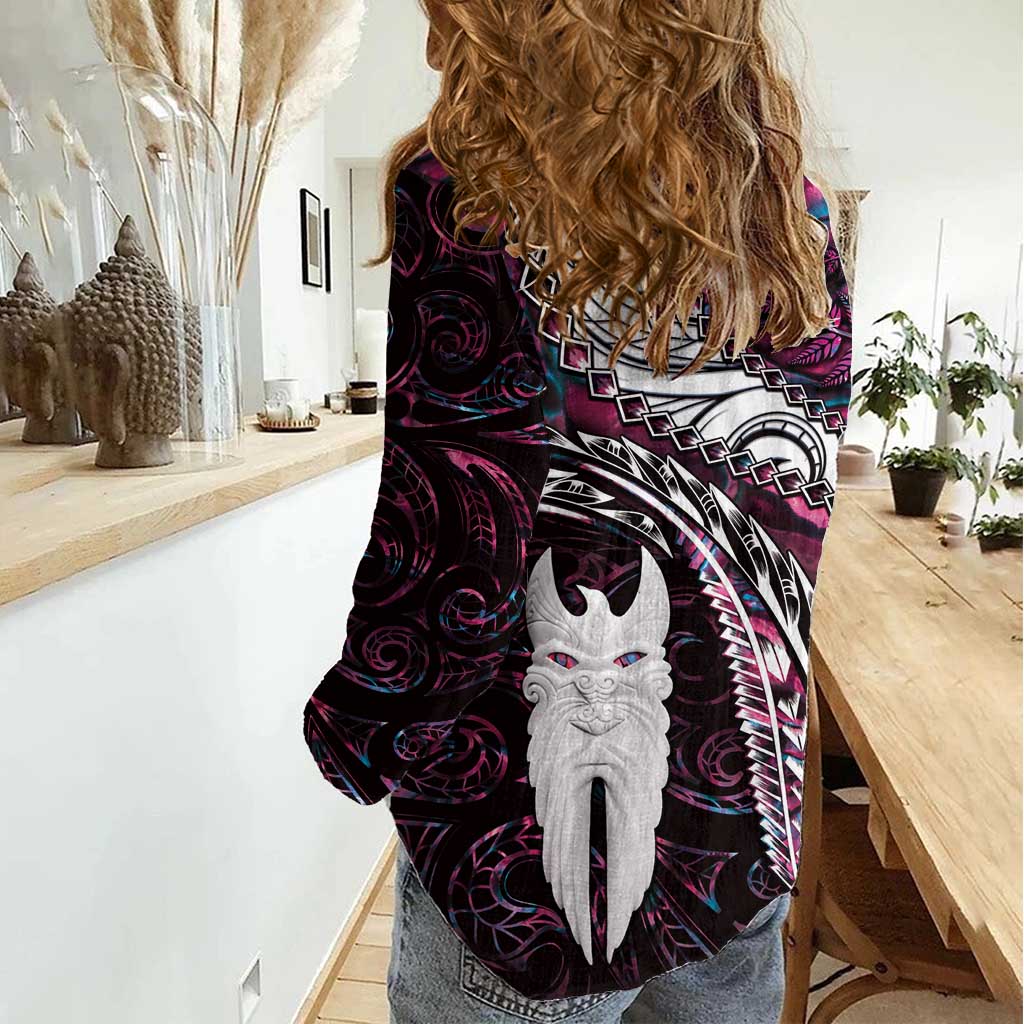 New Zealand Aotearoa Women Casual Shirt Maori Hei Rehua Paua Shell Glitter Pink LT05 - Polynesian Pride