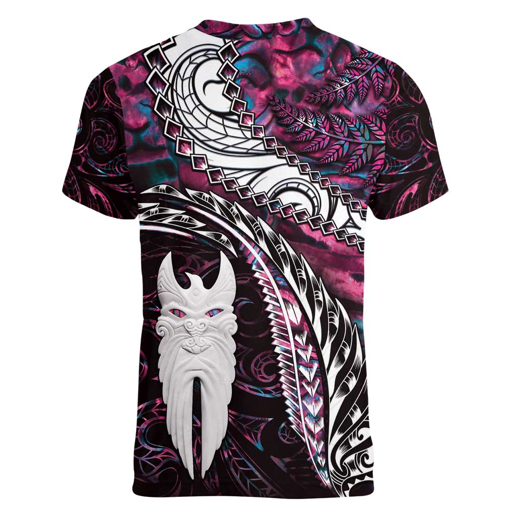 New Zealand Aotearoa Women V-Neck T-Shirt Maori Hei Rehua Paua Shell Glitter Pink LT05 - Polynesian Pride