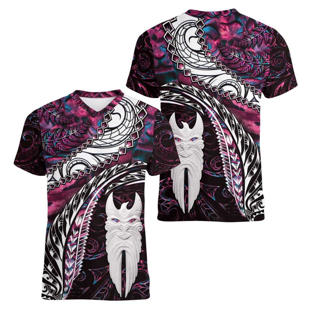 New Zealand Aotearoa Women V-Neck T-Shirt Maori Hei Rehua Paua Shell Glitter Pink LT05 - Polynesian Pride