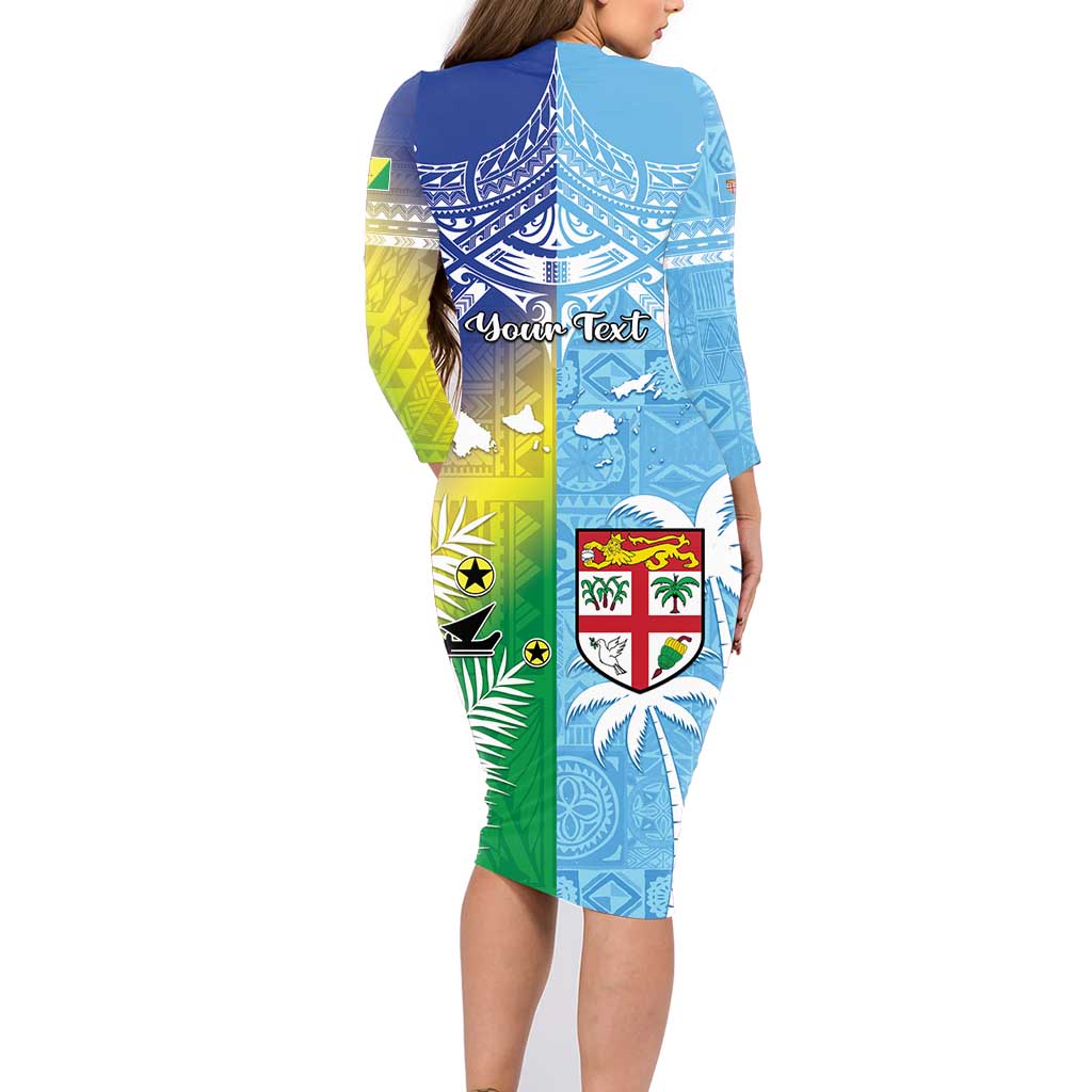 Personalised Happy Malampa Fiji Day Family Matching Long Sleeve Bodycon Dress and Hawaiian Shirt Half Mix Style