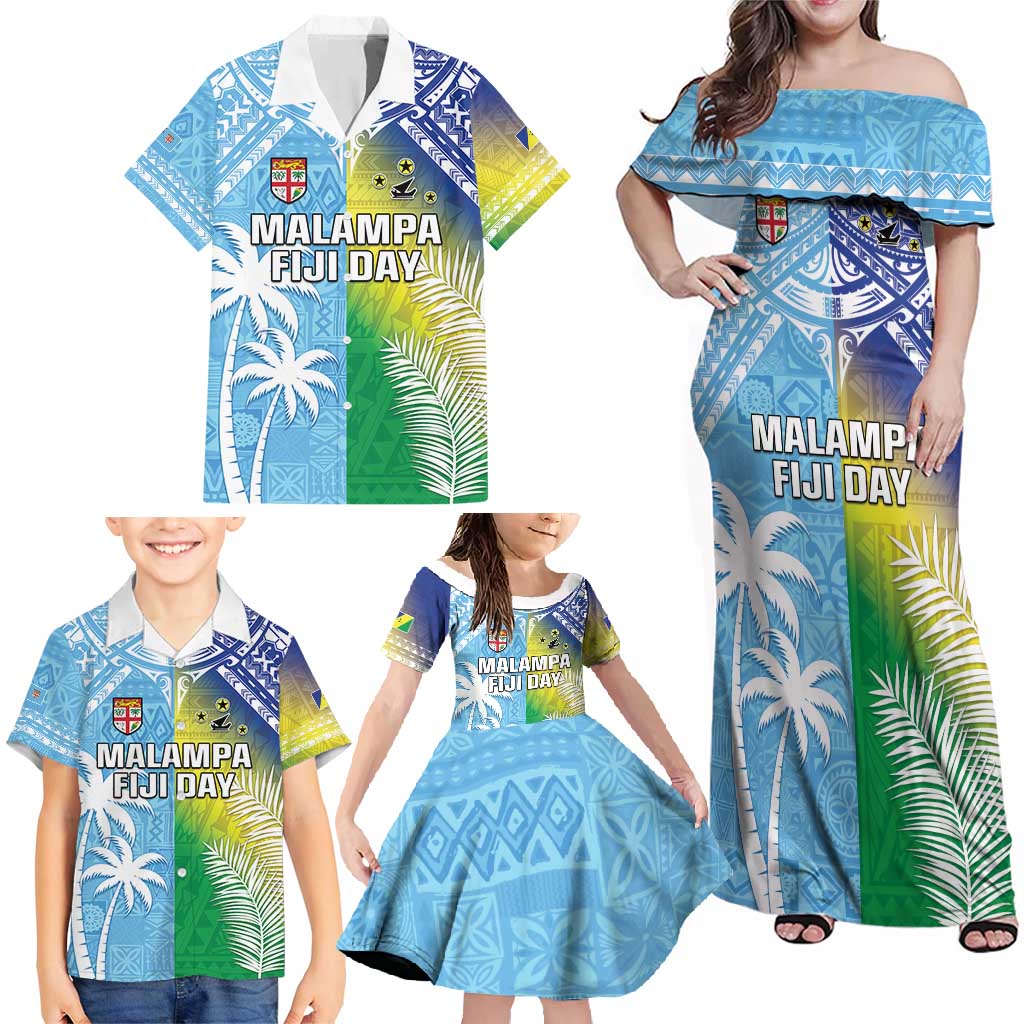 Personalised Happy Malampa Fiji Day Family Matching Off Shoulder Maxi Dress and Hawaiian Shirt Half Mix Style