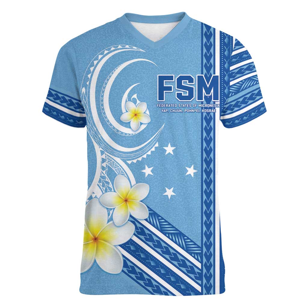 Personalised Federated States of Micronesia Women V-Neck T-Shirt Happy 38th Independence Anniversary LT05 Female Blue - Polynesian Pride