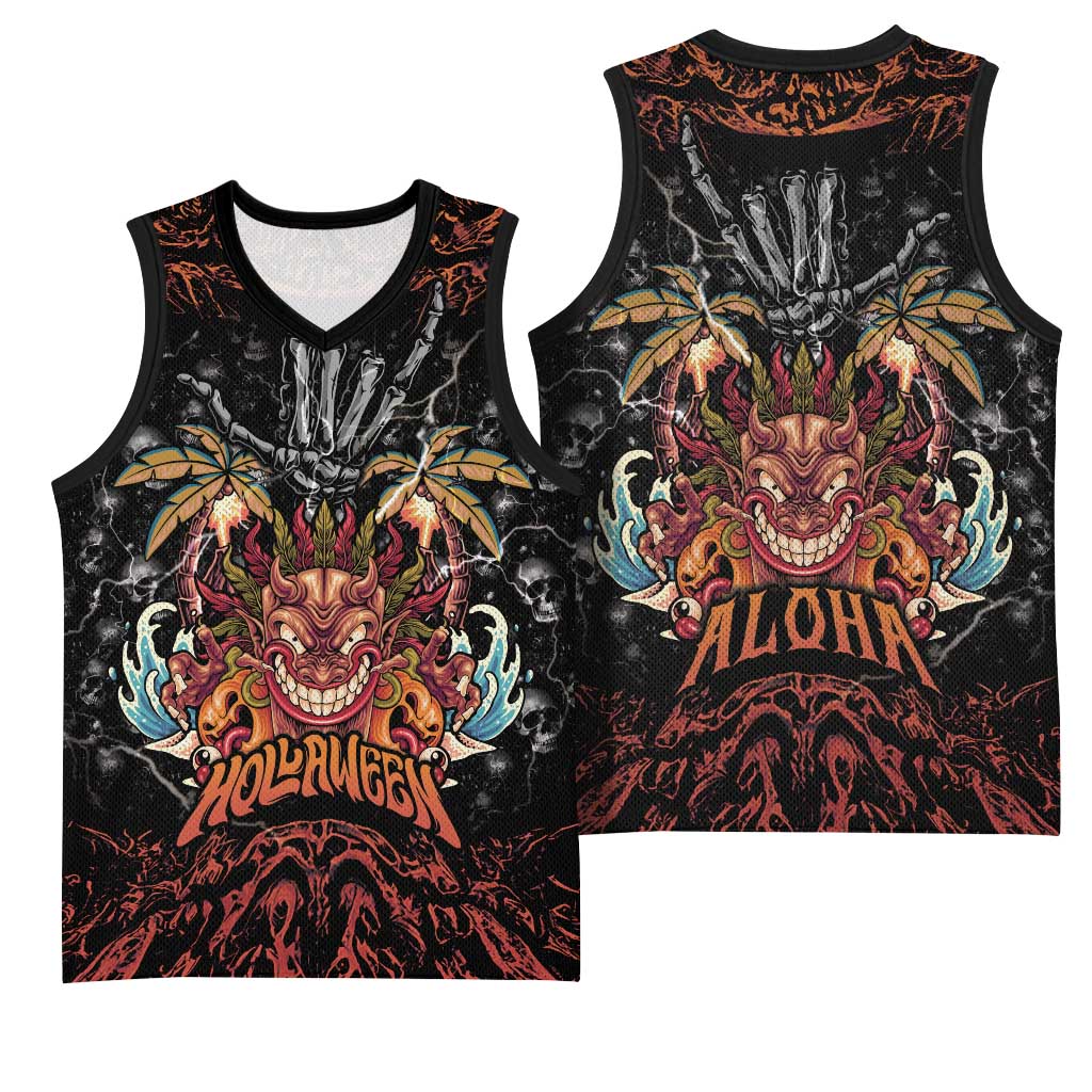 Aloha Halloween Basketball Jersey Horror Tiki Heavy Metal Style - Polynesian Pride