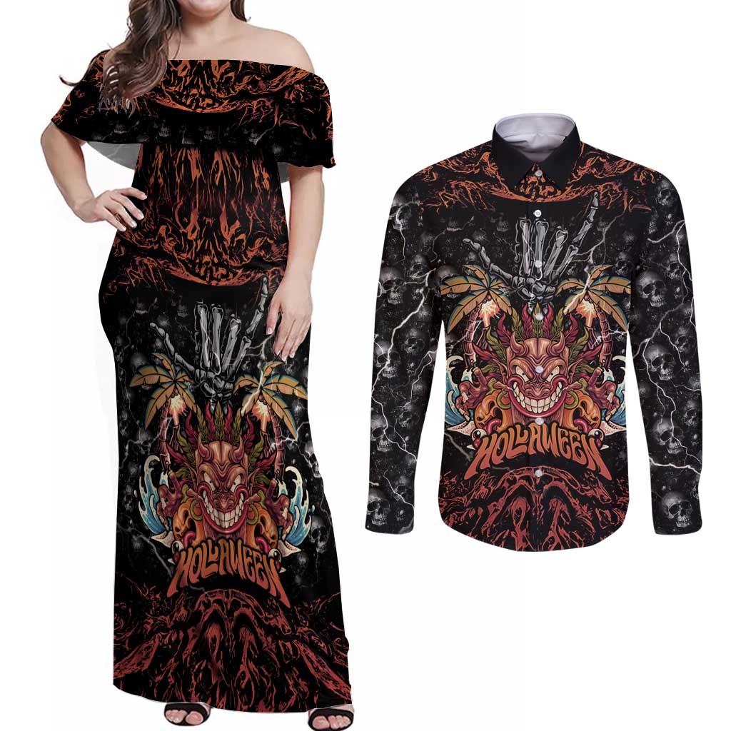 Aloha Halloween Couples Matching Off Shoulder Maxi Dress and Long Sleeve Button Shirt Horror Tiki Heavy Metal Style - Polynesian Pride