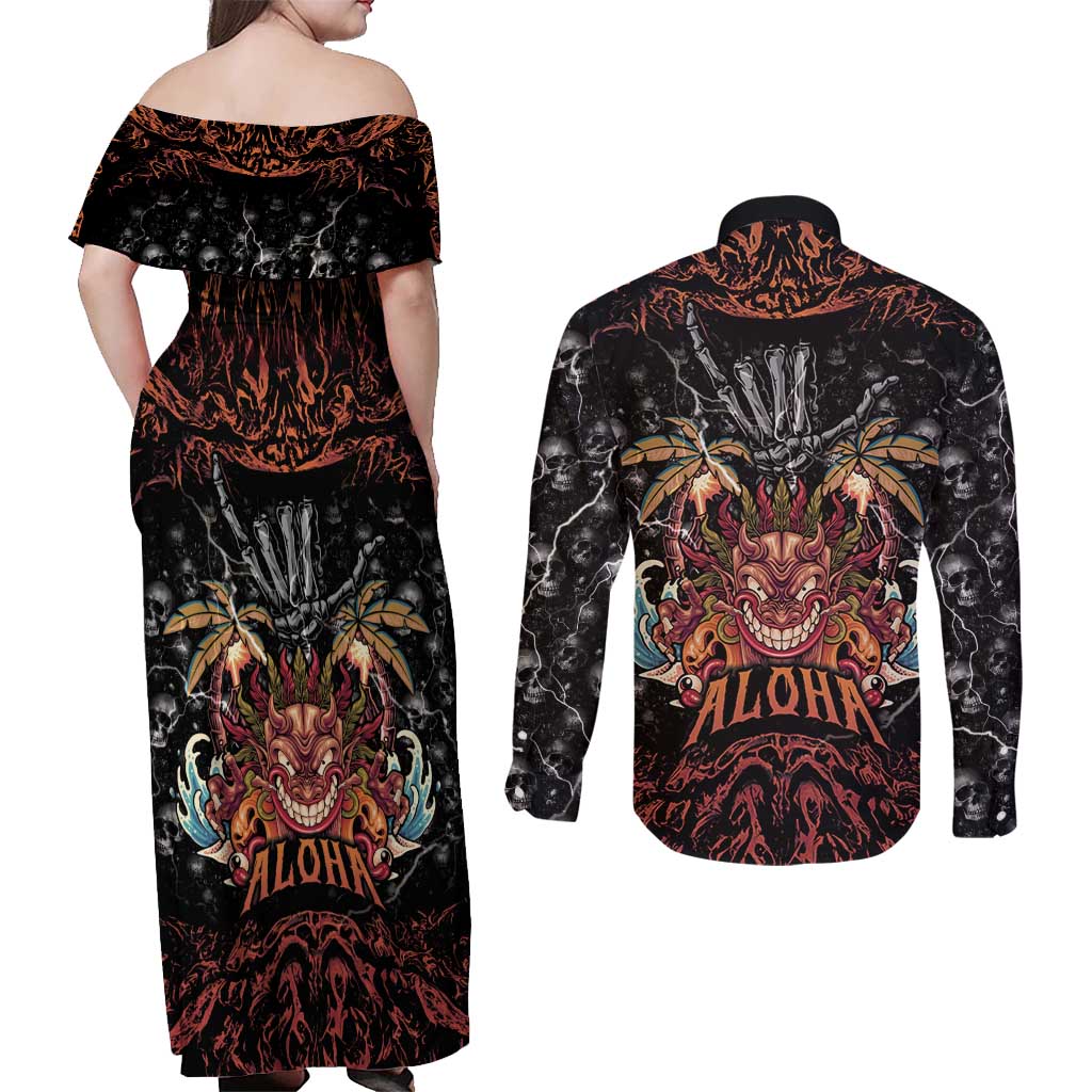 Aloha Halloween Couples Matching Off Shoulder Maxi Dress and Long Sleeve Button Shirt Horror Tiki Heavy Metal Style - Polynesian Pride