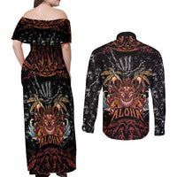 Aloha Halloween Couples Matching Off Shoulder Maxi Dress and Long Sleeve Button Shirt Horror Tiki Heavy Metal Style - Polynesian Pride